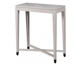 Dizajnový obdĺžnikový sivý konzolový stolík Quadria Blanca z patinovaného dubového dreva so štvorcovými dekoratívnymi vzormi na vrchnej doske so štyrmi štíhlymi nožičkami s čiernymi kovovými zakončeniami s priečkou v tvare x