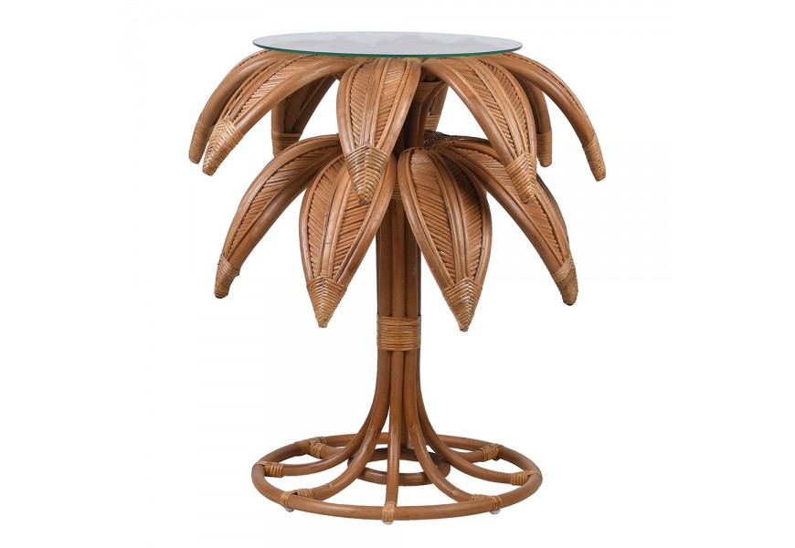 Etno ratanový príručný stolík Palma okrúhly v hnedej farbe s dizajnom palmových listov a vrchnou doskou z tvrdeného skla
