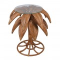 Etno ratanový okrúhly príručný stolík Palma s hnedou konštrukciou v tvare listov a sklenenou doskou 77 cm