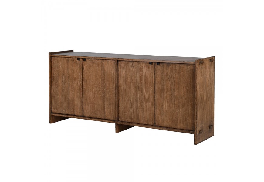 Luxusný masívny štvordverový príborník Plymouth v naturálnej hnedej farbe s priznanou kresbou letokruhov z recyklovaného dreva s tromi nohami konštrukčnými detailmi na stranách s vintage povrchovou úpravou