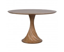 Luxusný masívny jedálenský stôl Ashton z jaseňového dreva v naturálnej svetlej hnedej farbe s výraznou kresbou letokruhov s okrúhlou vrchnou doskou a jednou nohou s rozšírenou podstavou s špirálovým zatočením