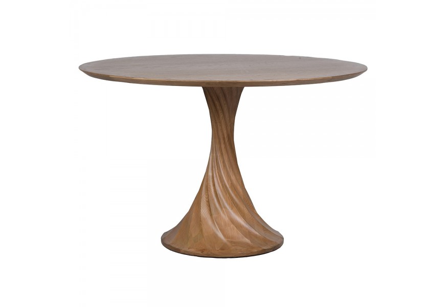 Luxusný masívny jedálenský stôl Ashton z jaseňového dreva v naturálnej svetlej hnedej farbe s výraznou kresbou letokruhov s okrúhlou vrchnou doskou a jednou nohou s rozšírenou podstavou s špirálovým zatočením