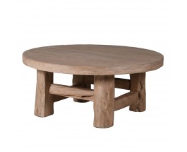 Luxusný masívny vintage konferenčný stolík s okrúhlou vrchnou doskou a štyrmi nohami s organickým tvarom s výstuhami v prírodnej hnedej farbe s priznanou štruktúrou z recyklovaného brestového dreva