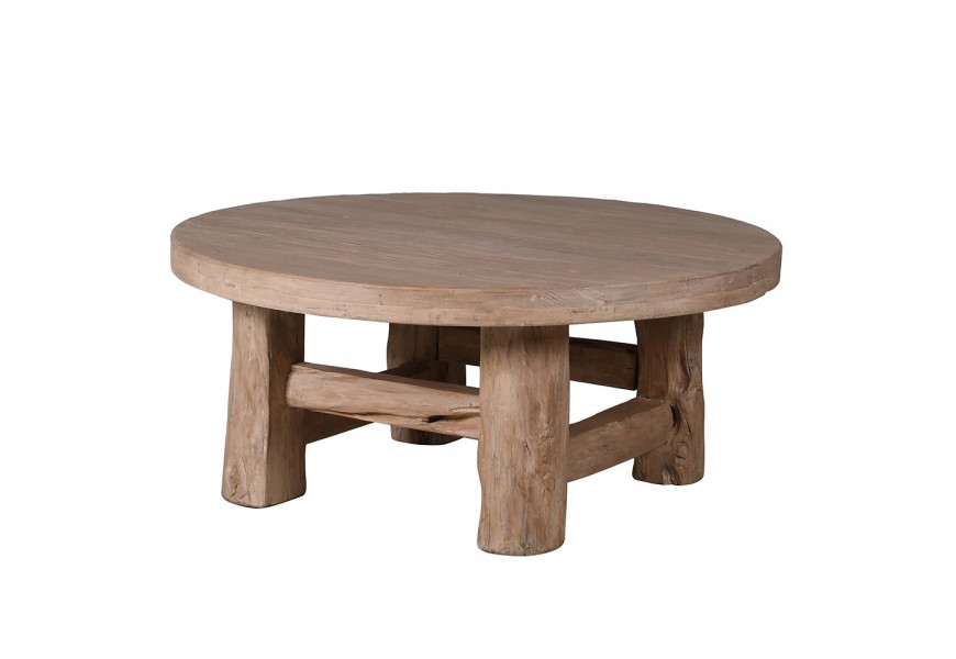 Luxusný masívny vintage konferenčný stolík s okrúhlou vrchnou doskou a štyrmi nohami s organickým tvarom s výstuhami v prírodnej hnedej farbe s priznanou štruktúrou z recyklovaného brestového dreva