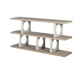 Luxusný dizajnový škandinávsky konzolový stolík Aladar s tromi doskami v naturálnej svetlej hnedej farbe dreva s bielymi predelmi políc štvorcového tvaru s kruhovými otvormi
