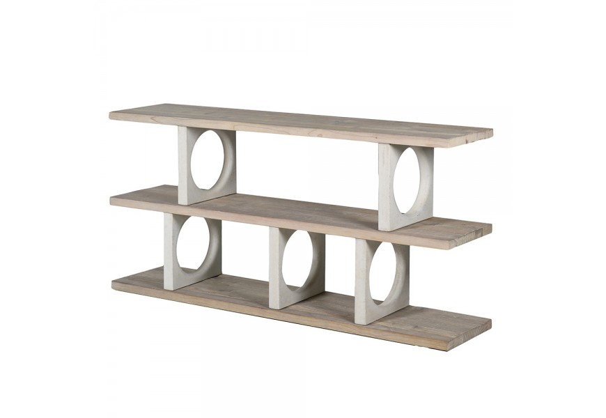 Luxusný dizajnový škandinávsky konzolový stolík Aladar s tromi doskami v naturálnej svetlej hnedej farbe dreva s bielymi predelmi políc štvorcového tvaru s kruhovými otvormi