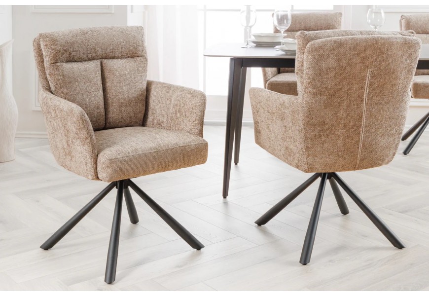 Dizajnová moderná čalúnená otočná stolička Dover s bočnými opierkami s béžovým textilným poťahom s výrazným tkaním
