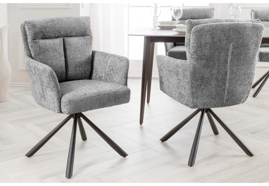 Dizajnová moderná čalúnená sivá stolička Dover s bočnými opierkami a čiernou kovovou podstavou s otočným mechanizmom