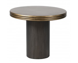 Dizajnový art deco kovový príručný stolík Bhone s okrúhlou vrchnou doskou v tmavej hnedej farbe so zlatou bočnou hranou s dizajnom troch vrstiev s jednou valcovitou nohou v čiernej farbe s jemnou kresbou letokruhov