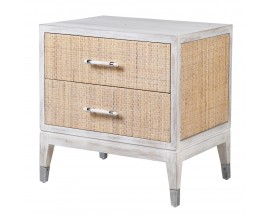 Luxusný vintage nočný stolík Melia s dvomi zásuvkami s hnedým ratanovým výpletom a krémovým náterom s vymytým efektom 63 cm