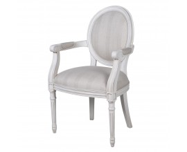 Luxusné zámocké čalúnené detské kreslo Mackly s dreveným mahagónovým rámom v bielej farbe s kalsickým vyrezávaným zdobením s čalúneným sedadlom a oválnou chrbtovou opierkou s textilným poťahom v s pruhovaným svetlým sivým vzorom s potiahnutými vrchnými časťami opierok na ruky