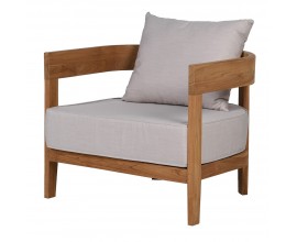 Luxusné moderné záhradné kreslo Eicha s rámom z teakového dreva v hnedej farbe a sivými čalúnenými vankúšmi 80 cm