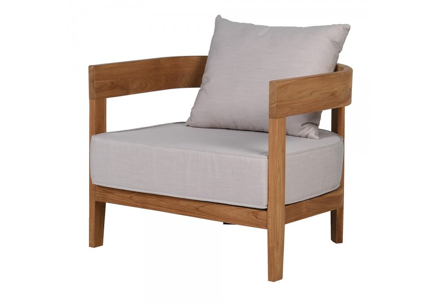 Luxusné moderné záhradné kreslo Eicha s rámom z teakového dreva v hnedej farbe a sivými čalúnenými vankúšmi 80 cm