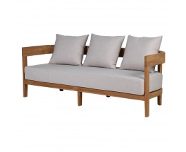 Luxusná retro záhradná sedačka Eicha s tromi miestami so sedacím vankúšom a tromi opierkovými vankúšmi s penovou výplňou a sivým poťahom s konštrukciou z masívneho teakového dreva v teplej hnedej farbe