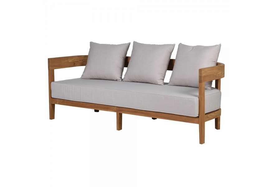 Luxusná retro záhradná sedačka Eicha s tromi miestami so sedacím vankúšom a tromi opierkovými vankúšmi s penovou výplňou a sivým poťahom s konštrukciou z masívneho teakového dreva v teplej hnedej farbe