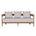 Luxusná moderná trojmiestna záhradná sedačka Eicha so sivými čalúnenými vankúšmi a hnedým dreveným teakový rámom 180 cm
