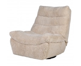 Luxusné moderné krémové kreslo Lazzaro s mäkkým kožušinovým celoplošným poťahom s horizontálnym prešívaním a kovovou otočnou podstavou