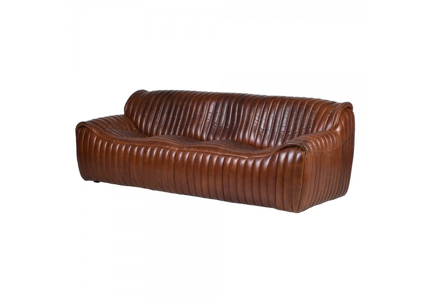 Luxusná retro hnedá trojmiestna sedačka Milano s vrúbkovaným prešívaním z pravej kože 215 cm