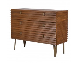 Luxusná retro masívna hnedá obdĺžniková komoda Striata s 3D lamelovým povrchom a tromi zásuvkami 108 cm
