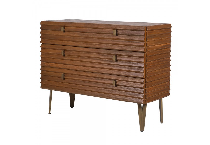 Luxusná retro masívna hnedá obdĺžniková komoda Striata s 3D lamelovým povrchom a tromi zásuvkami 108 cm