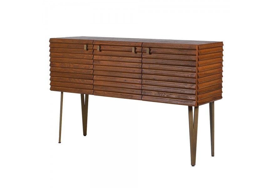 Retro luxusný obdĺžnikový masívny príborník Striata trojdverový z dreva s 3D lamelovým dizajnom v hnedej farbe 141 cm