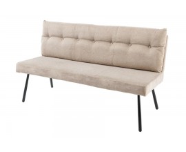 Moderná béžová lavica Harlow s obdĺžnikovým vankúšom s gombíkmi textilným poťahom a čiernymi kovovými nožičkami