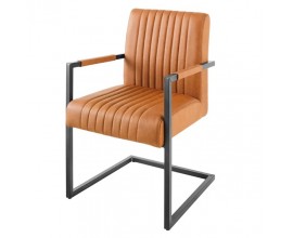 Industriálna retro konzolová stolička Inspirativo s koženým poťahom v odtieni koňak a čiernou kovovou konzolovou konštrukciou