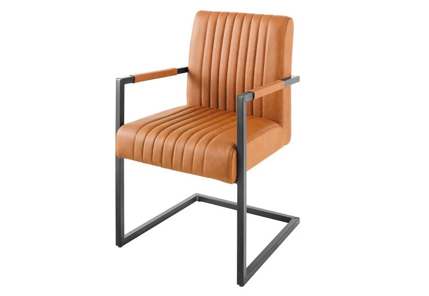 Industriálna retro konzolová stolička Inspirativo s koženým poťahom v odtieni koňak a čiernou kovovou konzolovou konštrukciou