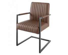 Industriálna konzolová jedálenská stolička Inspirativo s hnedým koženým poťahom so zvislým prešívaním a čiernou konštrukciou v tvare U s retro vzhľadom