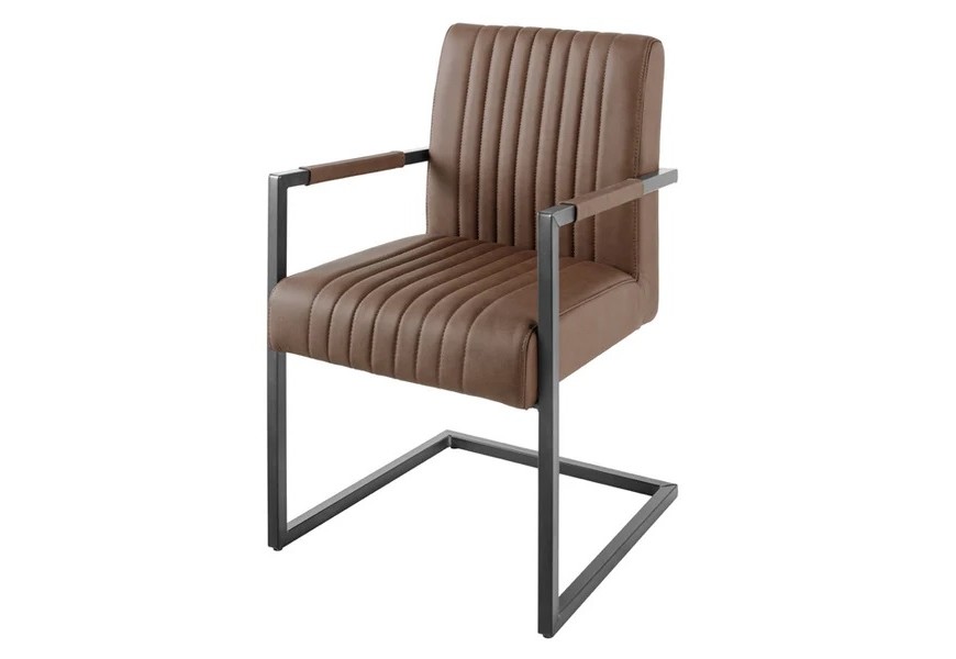 Industriálna konzolová jedálenská stolička Inspirativo s hnedým koženým poťahom so zvislým prešívaním a čiernou konštrukciou v tvare U s retro vzhľadom