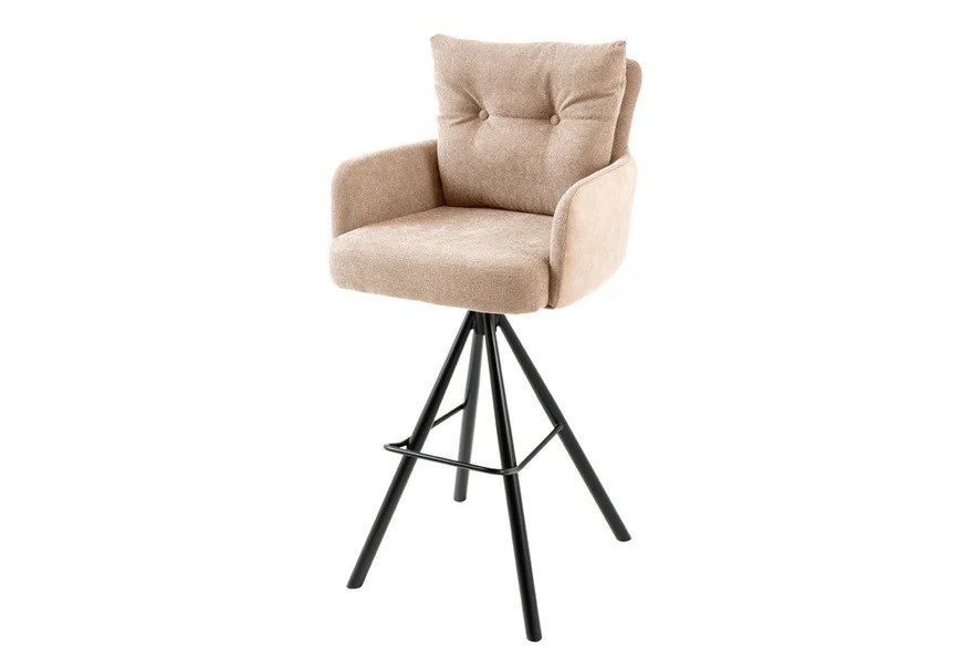 Industriálna moderná otočná barová stolička Dover s čiernou kovovou podstavou v béžovej textilnej a zamatovej kombinácii s opierkovým vankúšom a bočnými opierkami