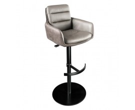 Industriálna barová stolička Harris s otočným mechanizmom výškového nastavenia s koženým sedadlom a zamatovým obalom v béžovosivých tónoch