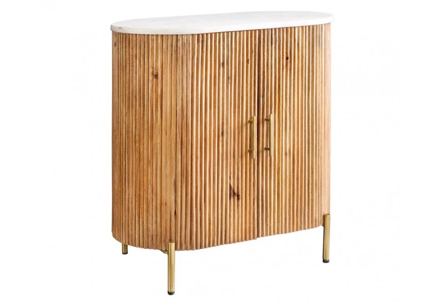 Art deco oválny dvojdverový mramorový príborník Celestia s bielou doskou a mangovým drevom na zlatých nožičkách 76 cm