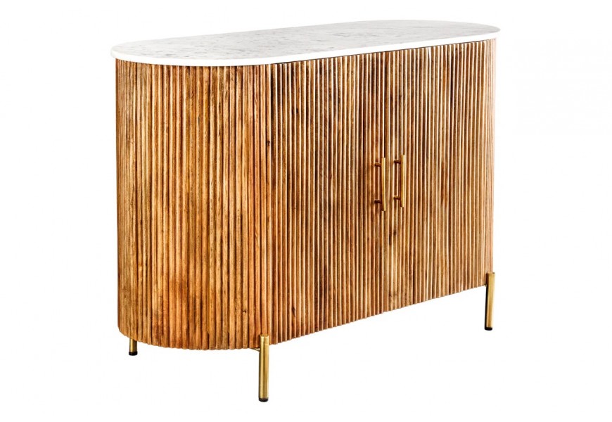 Art deco ov&aacute;lny dvojdverov&yacute; pr&iacute;born&iacute;k Celestia s bielou mramorovou doskou a vr&uacute;bkovan&yacute;m povrchom na zlat&yacute;ch nožičk&aacute;ch 102 cm