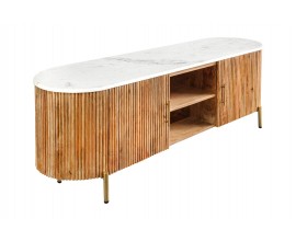 Art deco televízny stolík Celestia z masívneho hnedého mangového dreva s oválnou bielou mramorovou doskou a zlatými kovovými detailmi s dvierkami a policami