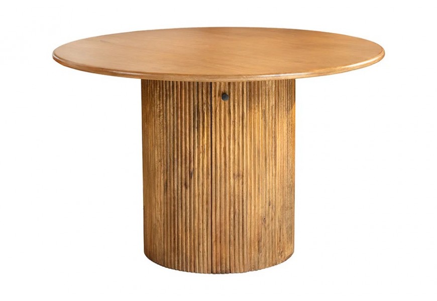 Vidiecky okrúhly jedálenský stôl Celestia z mangového dreva s úložným priestorom a drážkovanou podstavou v hnedej farbe