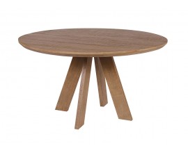 Vidiecky masívny okrúhly jedálenský stôl z mangového dreva v hnedom odtieni s plochými nožičkami vybočenými smerom von