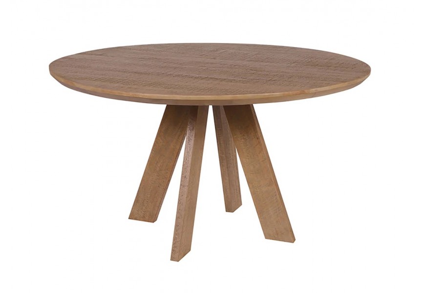 Vidiecky masívny okrúhly jedálenský stôl z mangového dreva v hnedom odtieni s plochými nožičkami vybočenými smerom von