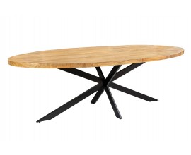 Industriálny oválny hnedý jedálenský stôl Comedor z masívneho mangového dreva s čiernymi prekríženými kovovými nohami 240 cm