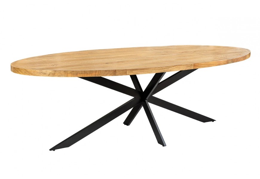 Industriálny jedálenský stôl Comedor s oválnou mangovou doskou so štruktúrou so štyrmi čiernymi kovovými nohami kríženými v strede