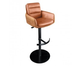 Moderná otočná hnedá kožená barová stolička Dover so zamatovým poťahom s opierkami na ruky s výškovo nastaviteľnou čiernou kovovou nohou s opierkou na nohy v tvare kotvy s okrúhlym podstavcom