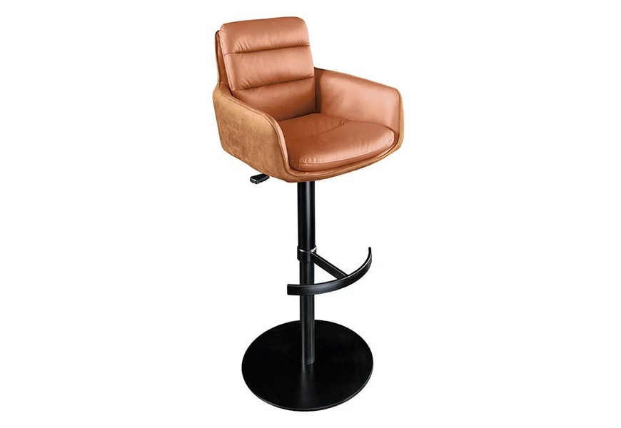 Moderná otočná hnedá kožená barová stolička Dover so zamatovým poťahom s opierkami na ruky s výškovo nastaviteľnou čiernou kovovou nohou s opierkou na nohy v tvare kotvy s okrúhlym podstavcom
