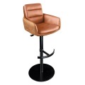 Moderná otočná hnedá kožená barová stolička Dover so zamatovým poťahom s opierkami na ruky s výškovo nastaviteľnou čiernou kovovou nohou s opierkou na nohy v tvare kotvy s okrúhlym podstavcom