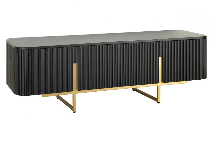 Dizajnový art deco obdĺžnikový čierny televízny stolík z mangového dreva s dekoratívnymi lamelami so štyrmi dvierkami s kovovými obdĺžnikovými zlatými úchytkami s dvomi nožičkami v tvare U