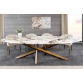 Luxusný glamour keramický biely oválny jedálenský stôl Imperial s mramorovým vzorom s bronzovými prekríženými nožičkami 280 cm