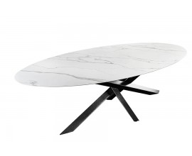Luxusný industriálny keramický oválny jedálenský stôl Imperial z bieleho mramoru so sivým žilkovaním s čiernymi nožičkami 280 cm