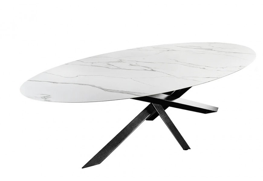 Luxusný industriálny keramický oválny jedálenský stôl Imperial z bieleho mramoru so sivým žilkovaním s čiernymi nožičkami 280 cm