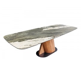 Luxusný mramorový obdĺžnikový rozkladací jedálenský stôl Hoal so zeleným a bielym žilkovaním vzorom s prekríženými nohami z hnedej orechovej dyhy s kovovým čiernym podstavcom