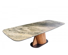 Luxusný mramorový jedálenský stôl Hoal s obdĺžnikovou keramickou rozkladacou doskou so vzorom mramoru v zemitých odtieňoch zelenej a béžovej s dizajnovou drevenou nohou v prírodnom orechovom hnedom prevedení s čiernou kovovou podstavou