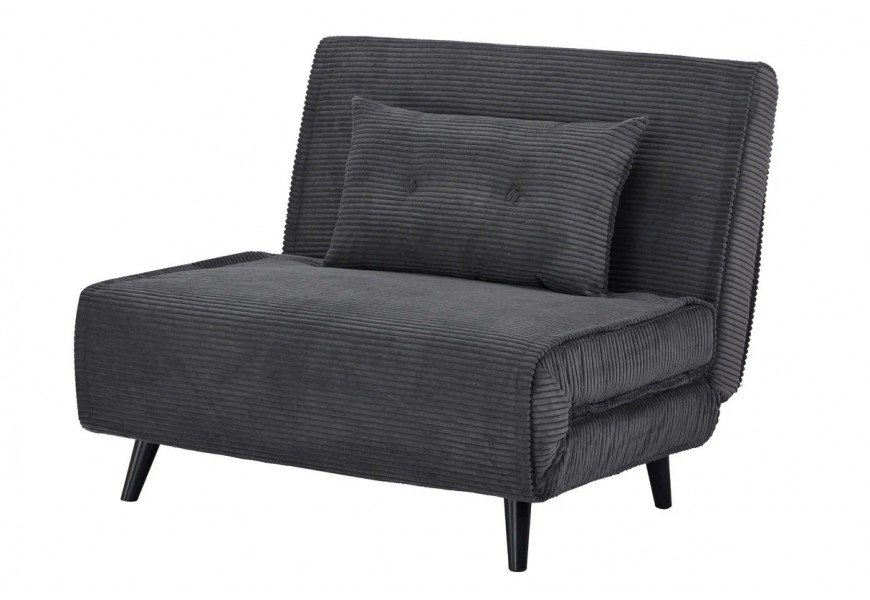 Dizajnové moderné škandinávske rozkladacie kreslo Kurt s drevenými nožičkami čiernej farby a s poťahom z menčestru v tmavej sivej farbe s vankúšom